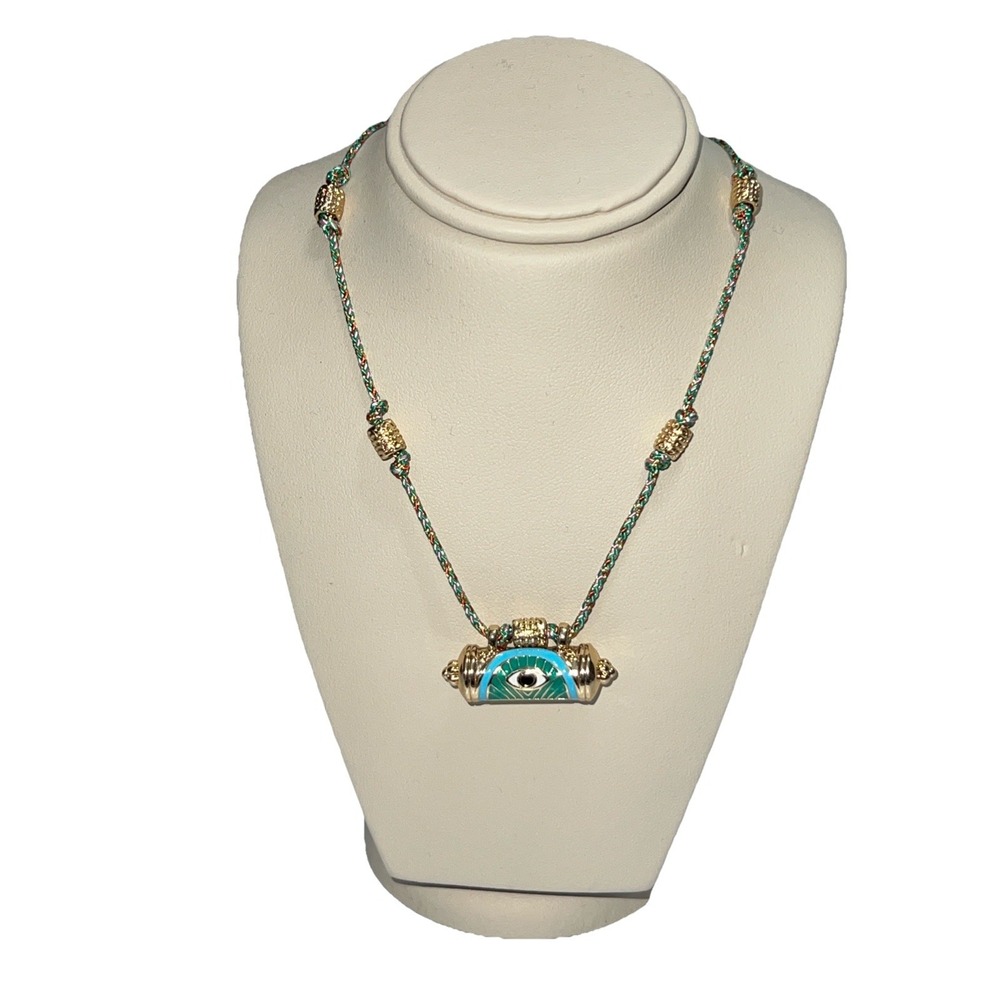 Tribal Charm‎ Evil Eye Kaleidoscope Braided Rope Necklace Blue Teal Gold Tone